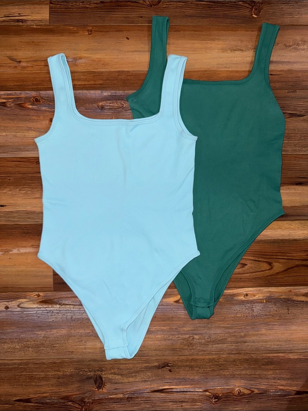 MRIGNT Ribbed Square Neck Bodysuits 2-Piece Bundle Green & Blue Size Large